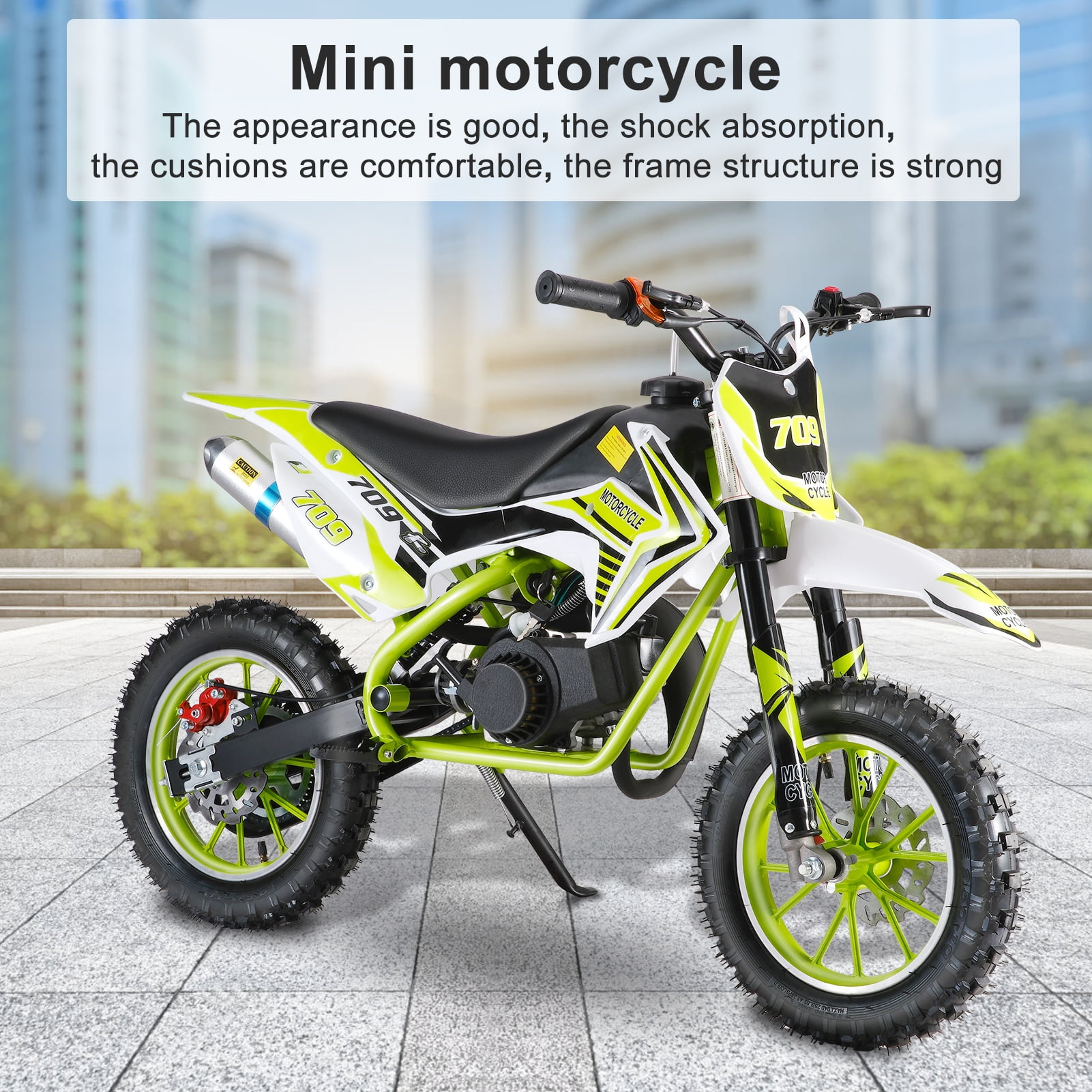 Colorful 49cc two-stroke youth dirt bike with motocross styling