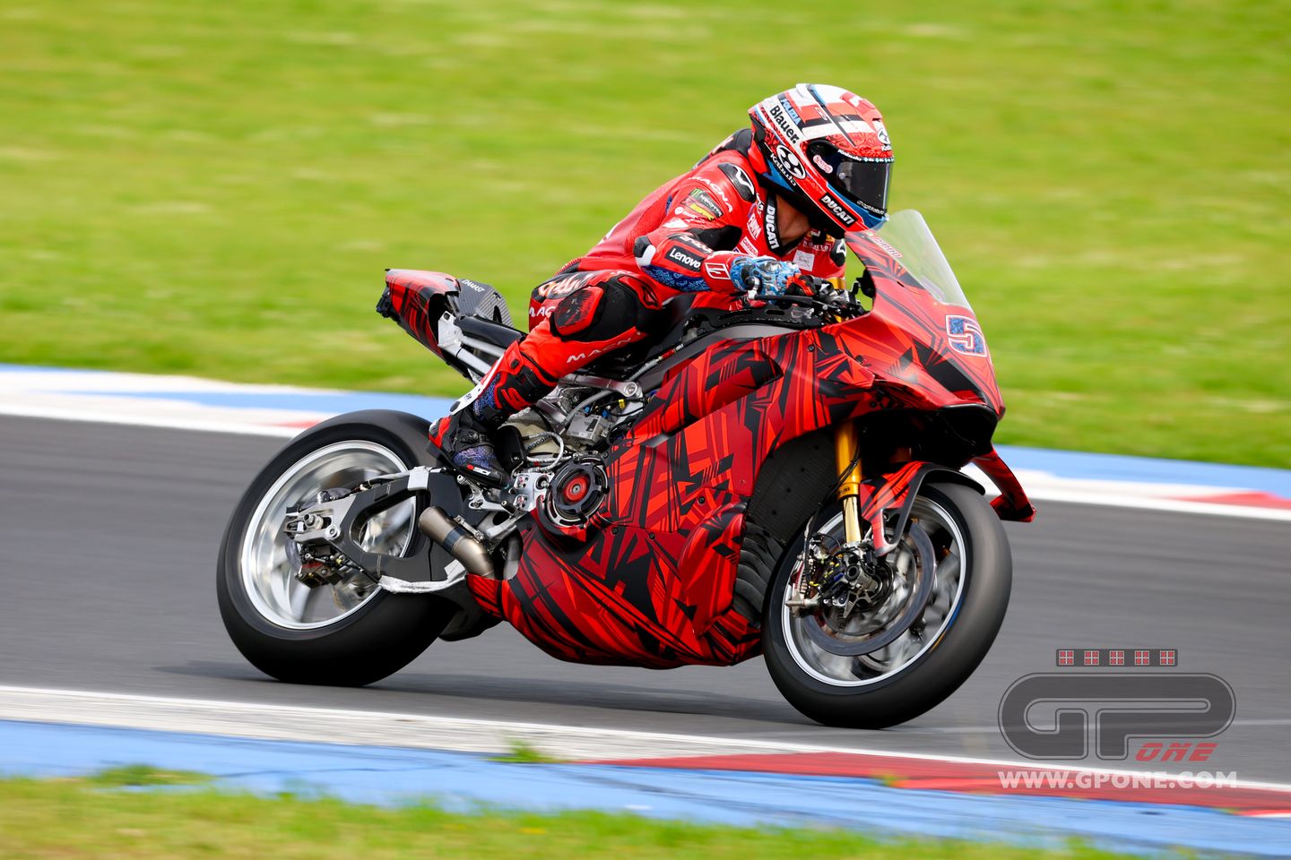 Ducati Panigale V4 S in aggressive lean on a race circuit