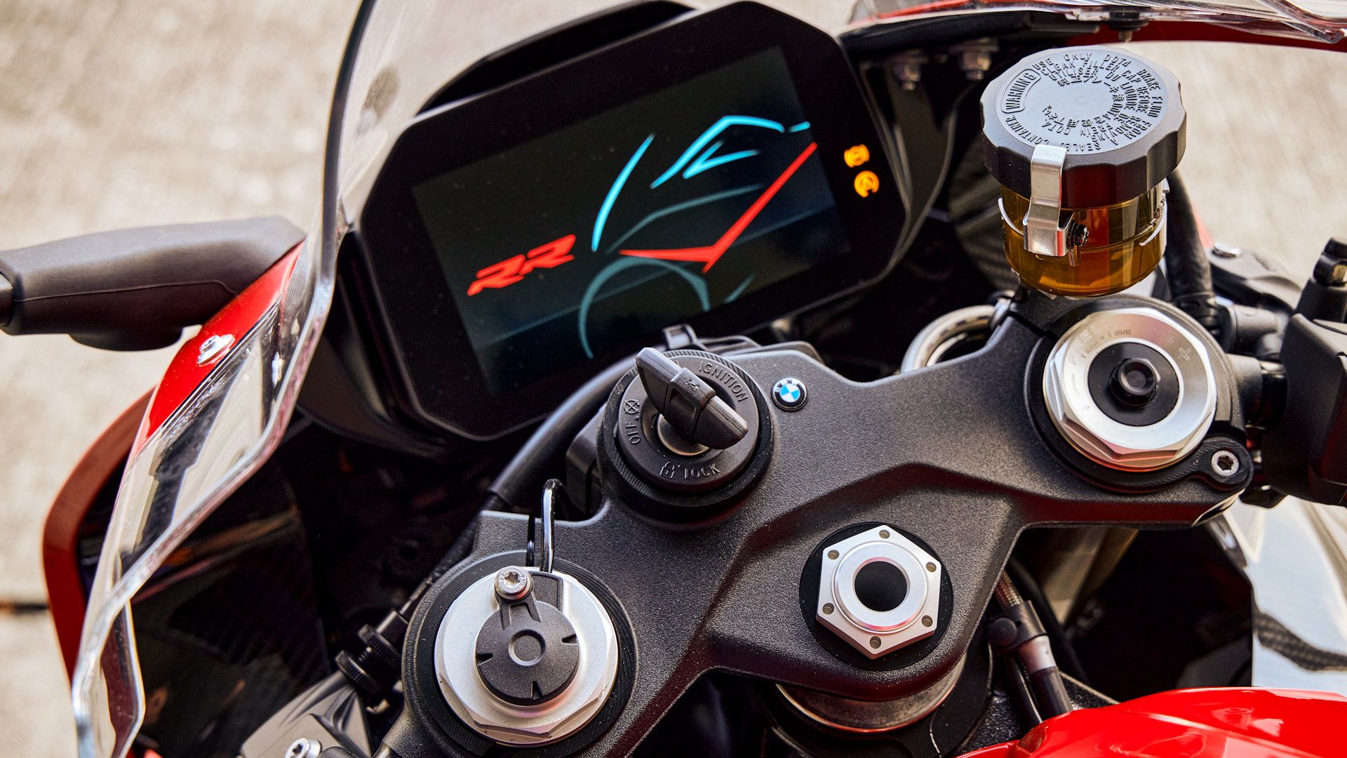 Close-up of superbike instrument cluster and electronics controls