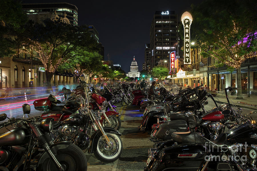 Austin urban motorcycle scene, street-level view