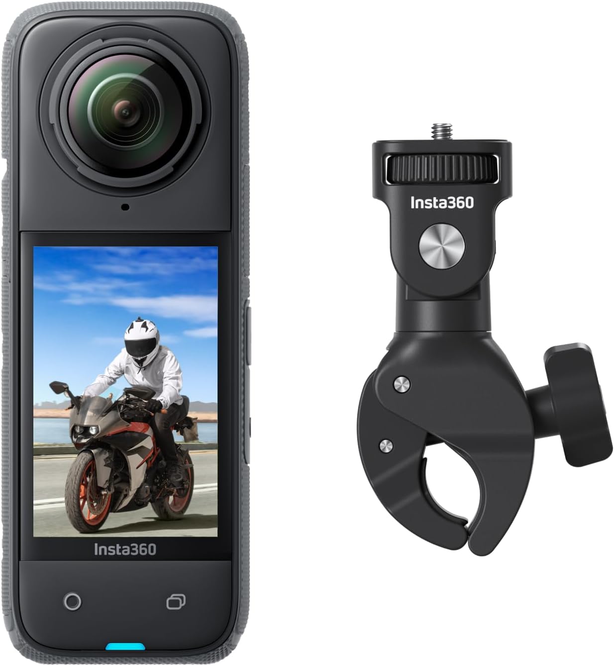 Insta360 X4 mounted on motorcycle handlebar