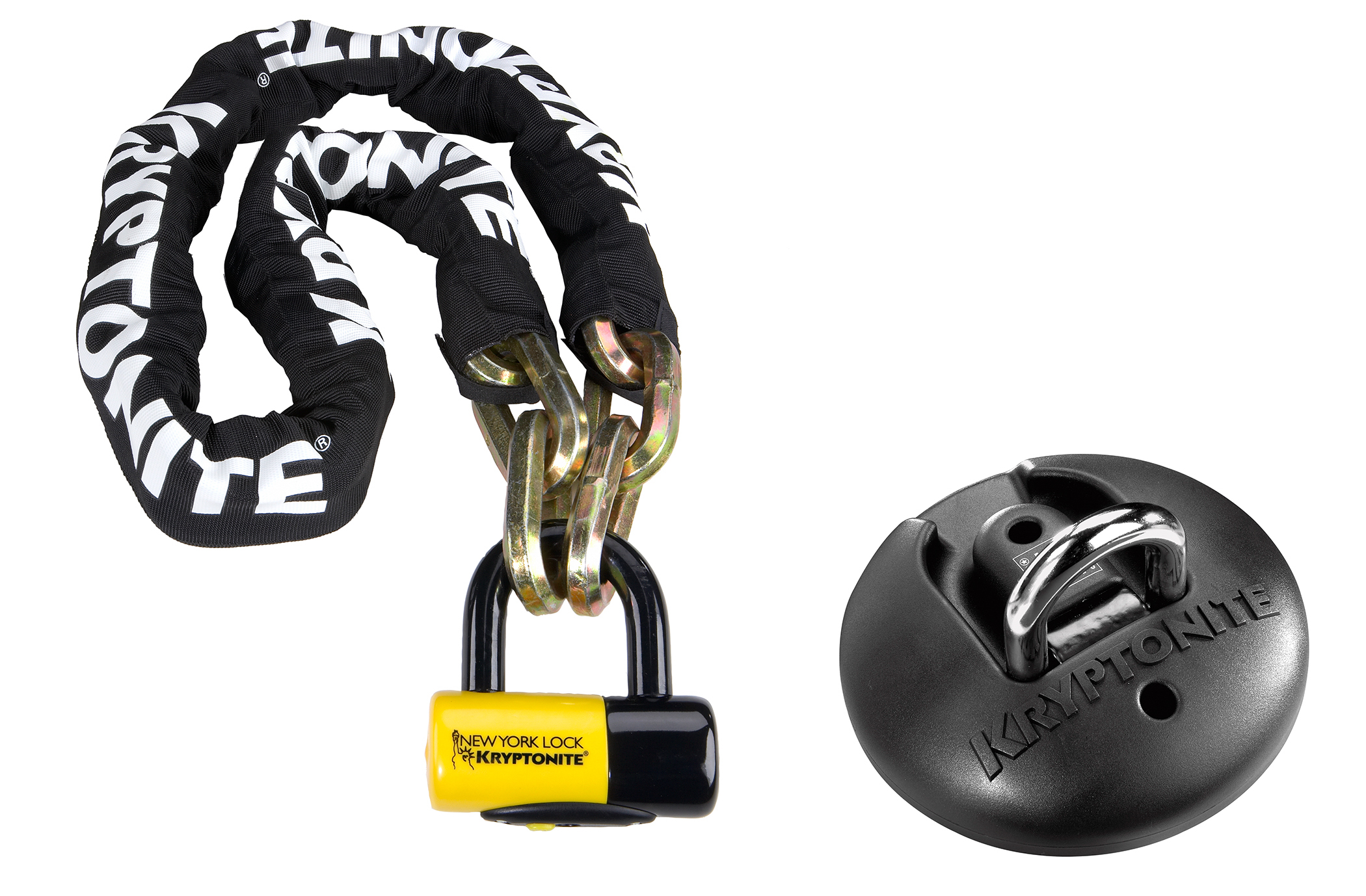 Heavy duty chain lock securing motorcycle to anchor point