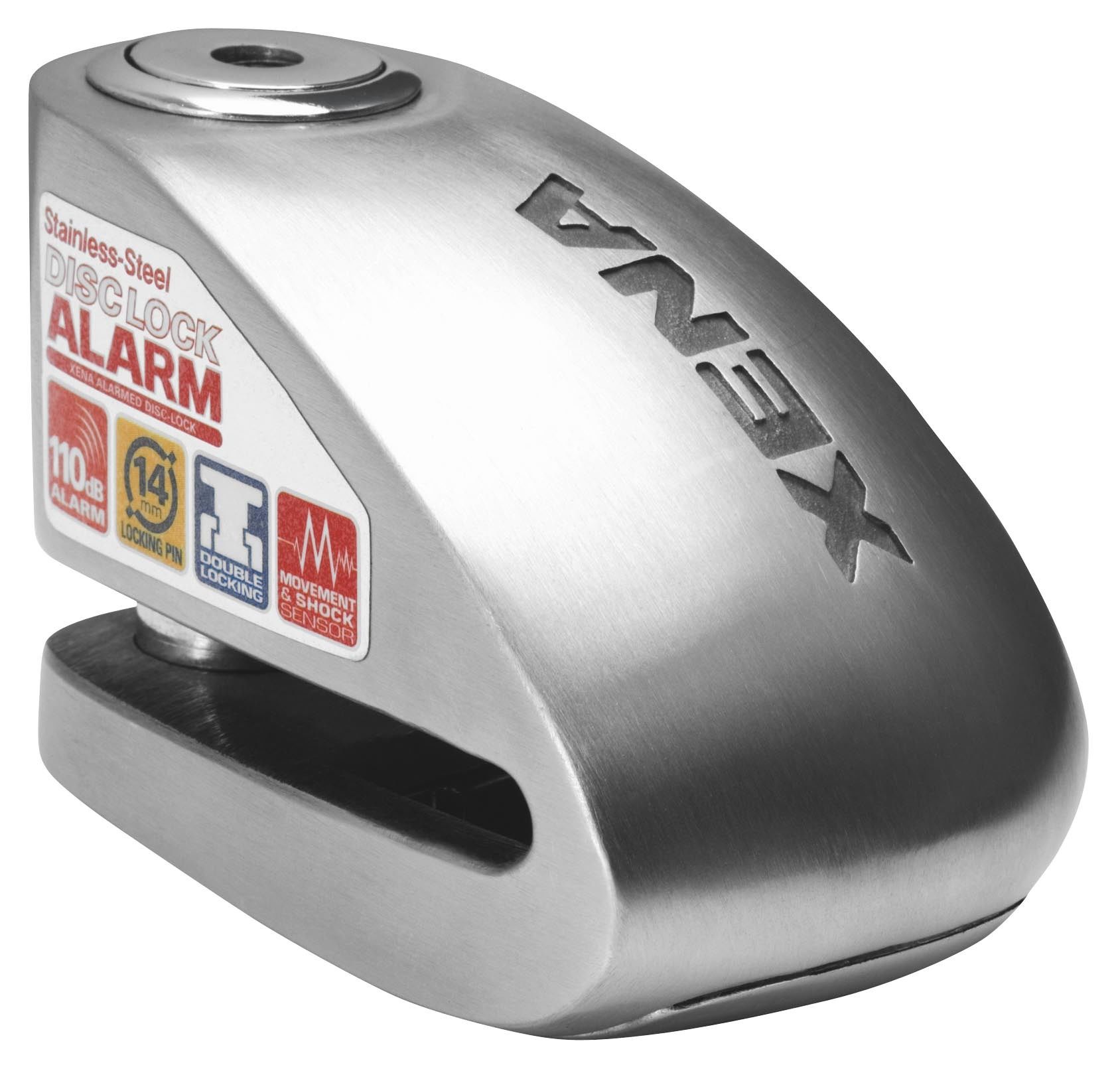 Xena disc lock alarm on motorcycle brake disc