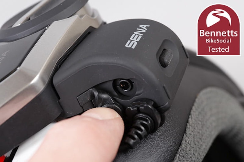 Sena 50S Bluetooth speaker mounted on motorcycle