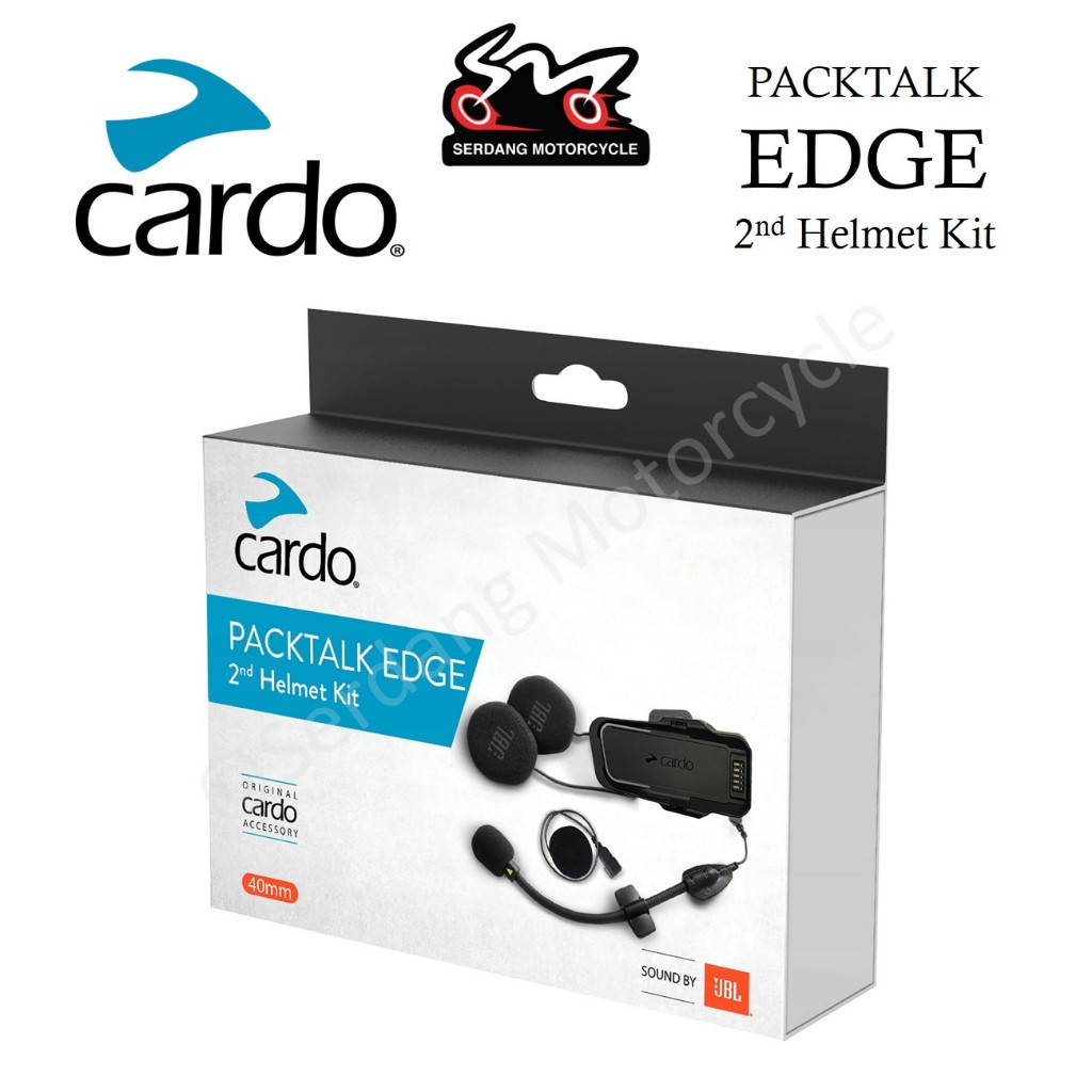 Product shot of Cardo Packtalk Edge mounted on a helmet