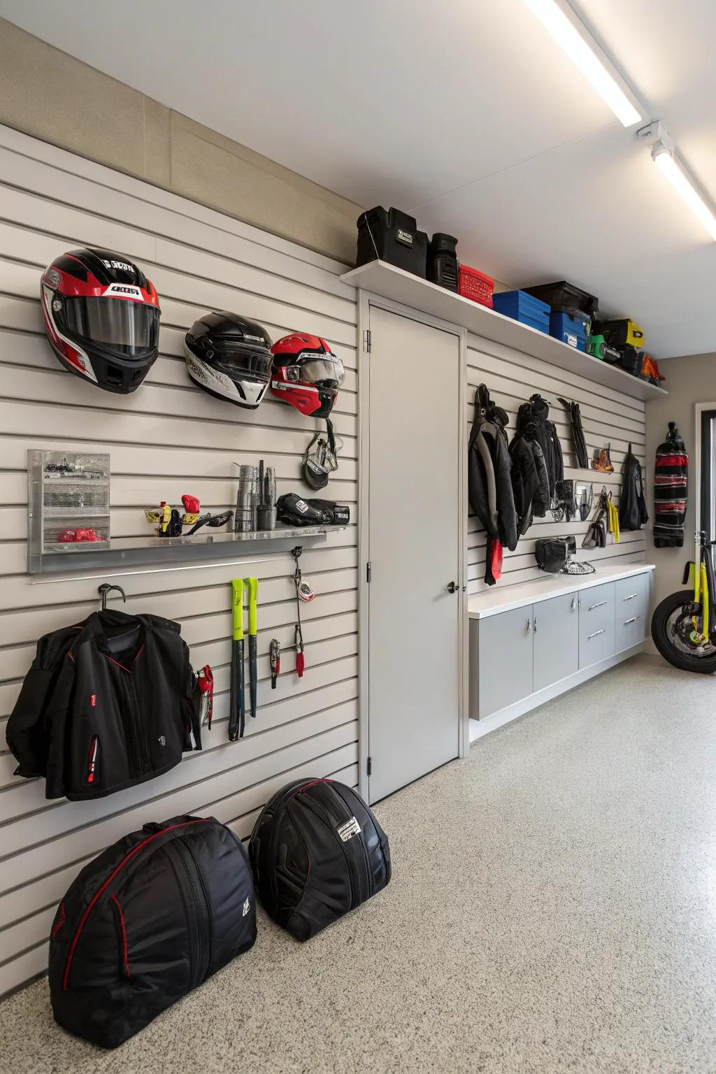 Image showcasing various storage solutions for motorcycle gear