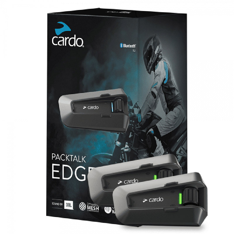 Product shot of Cardo Packtalk Edge mounted on helmet