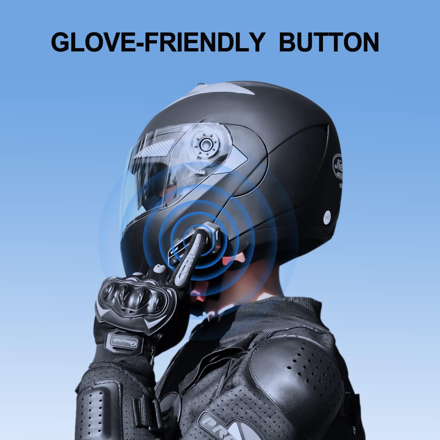 Illustrating pillion control ergonomics with gloved hand