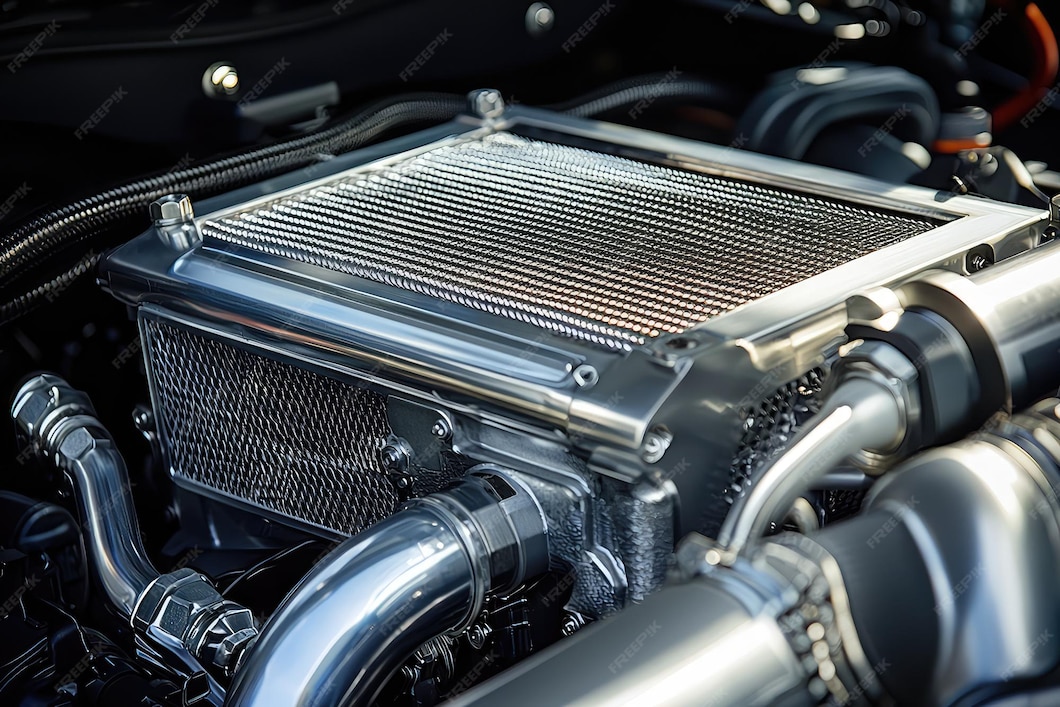 Close-up of a motorcycle intercooler installation