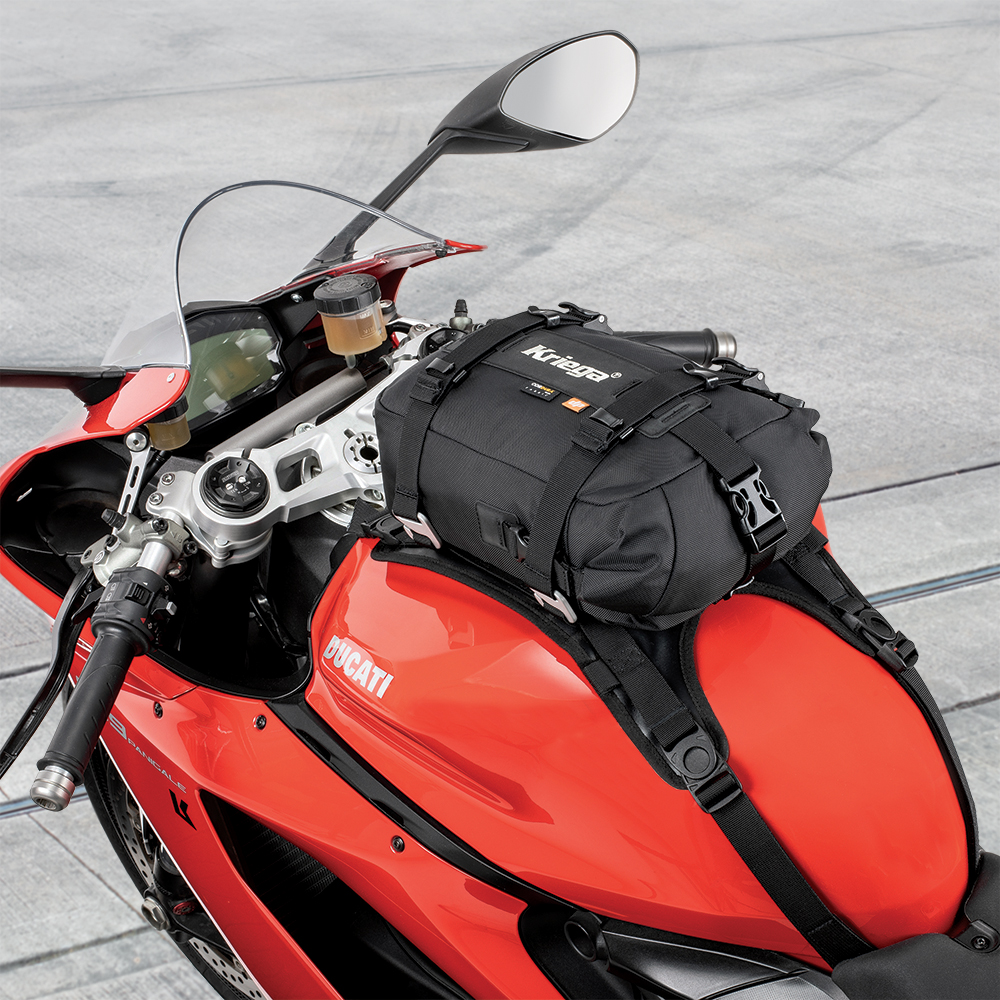 Tank bag mounted on adventure motorcycle, top-down view