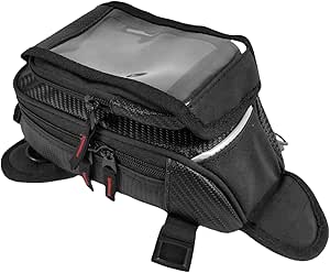 Rider in rain with tank bag showing weatherproofing in use