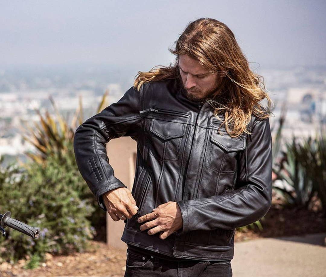 Roland Sands Design Enzo leather jacket on a cruiser rider