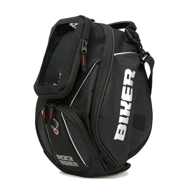 Rider with tank bag on sport or adventure motorcycle