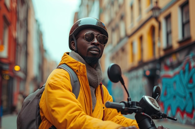 Urban commuter motorcycle with tail bag in city environment