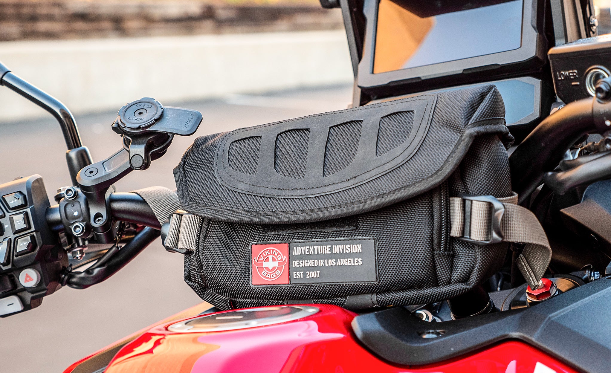 Adventure bike cockpit with phone mount and accessories