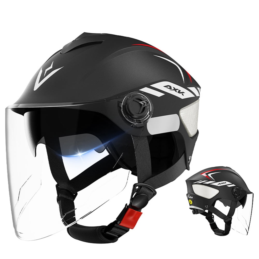 Rider in open-face helmet with foam-sealed riding glasses