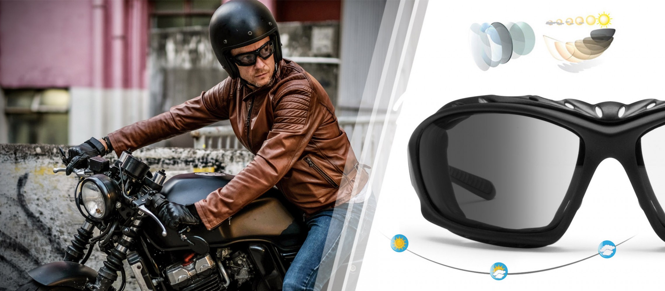 Illustration of photochromic lens transition for riding