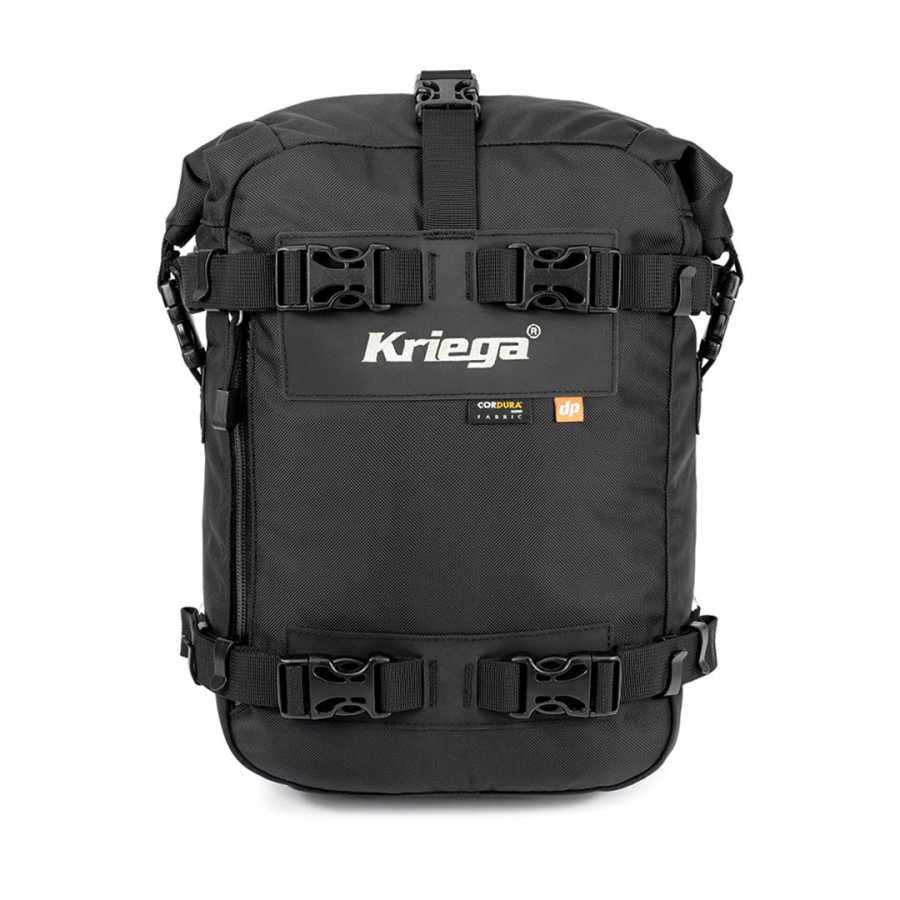 Kriega US-10 seat pack on a naked street bike in urban setting