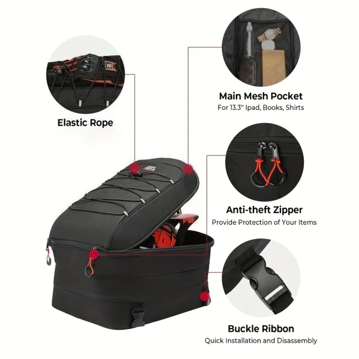 Expandable tail bag shown with side panels open demonstrating capacity increase