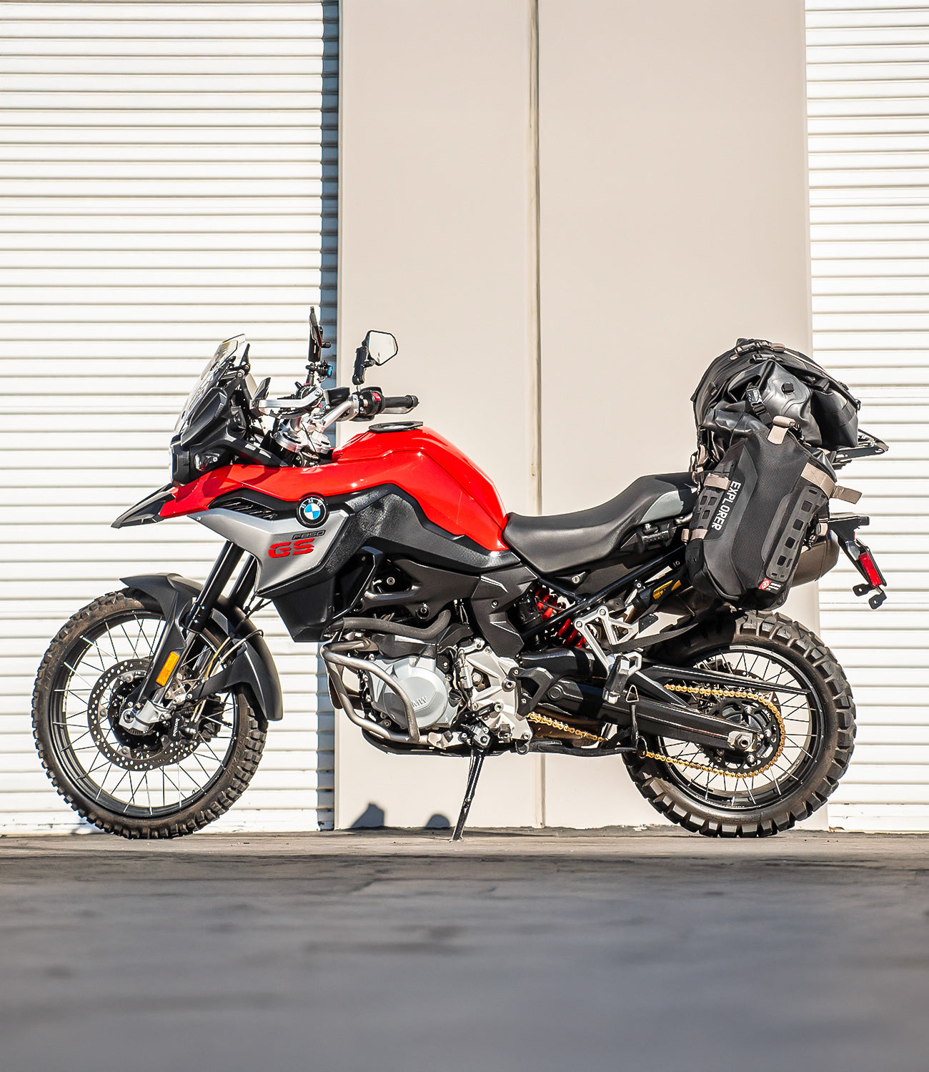 Adventure motorcycle with rear seat luggage on a touring ride