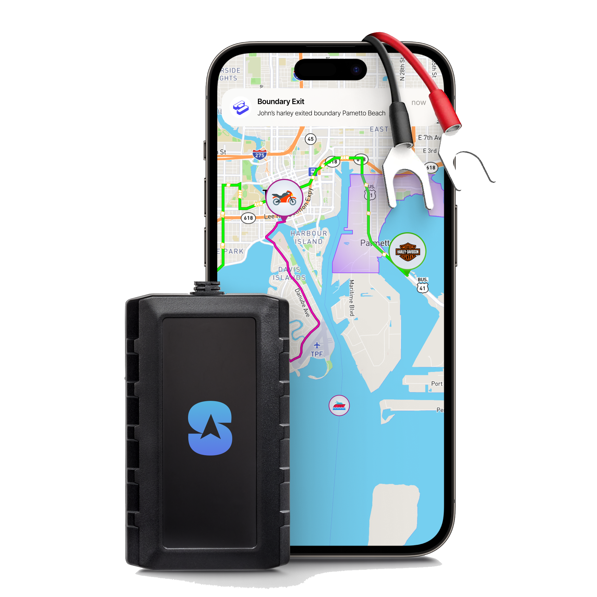 Smartphone showing live GPS tracking app for motorcycle