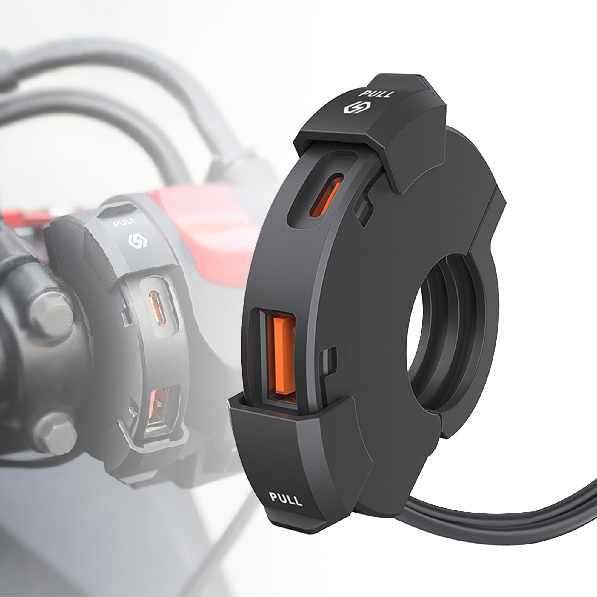Hero image showing a clean USB-C power hub installed on motorcycle handlebars