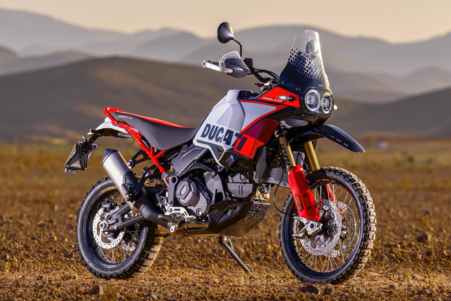 Ducati DesertX on dramatic desert terrain