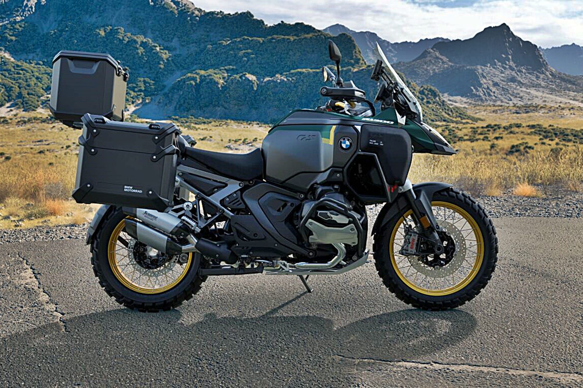 BMW R 1300 GS Adventure with luggage on scenic road