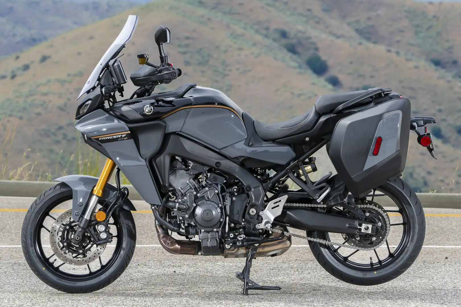 Yamaha Tracer 9 GT+ on road in touring context