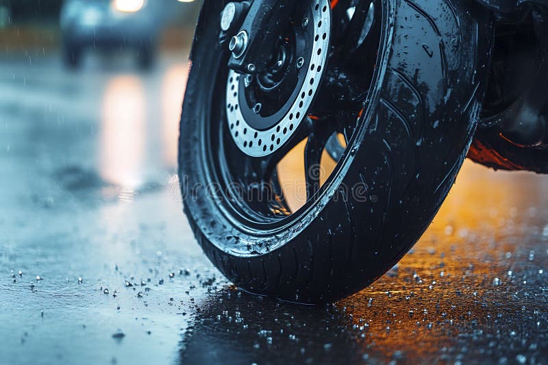 Close-up of motorcycle tire on wet road surface