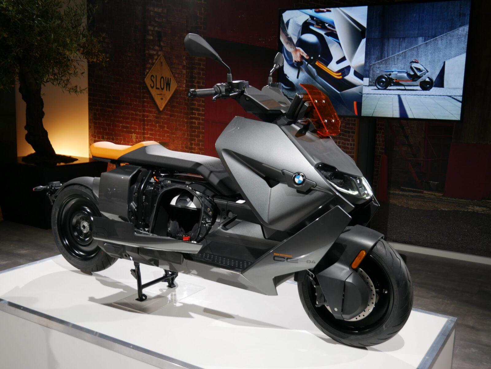 BMW CE 04 electric scooter in city environment
