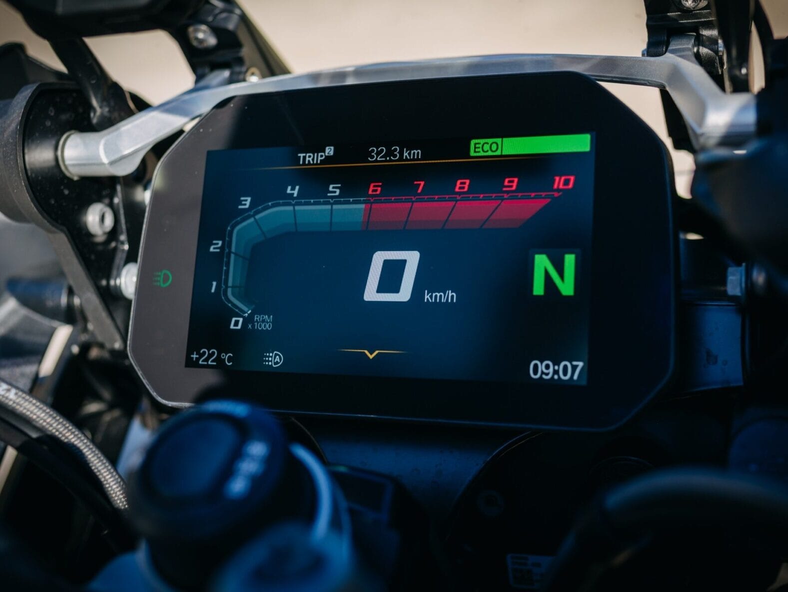 Close-up of BMW GS instrument cluster showing electronic rider aids