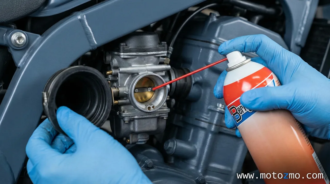 Mechanic cleaning or rebuilding a motorcycle carburetor on a workbench