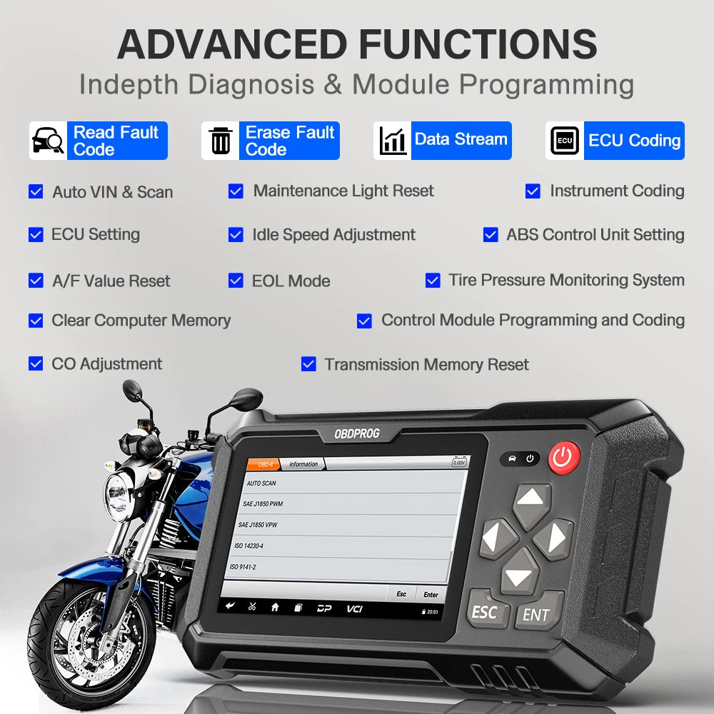 Technician using a diagnostic scan tool on a modern fuel-injected motorcycle