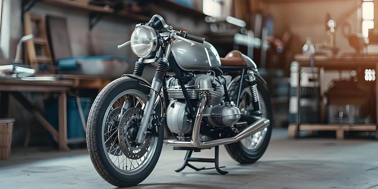 Custom built cafe racer or vintage motorcycle in a garage setting