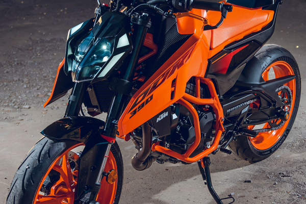 Action shot of the KTM 390 Duke on city streets or twisty roads