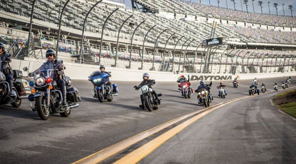 Motorcycles riding on Daytona Speedway banking