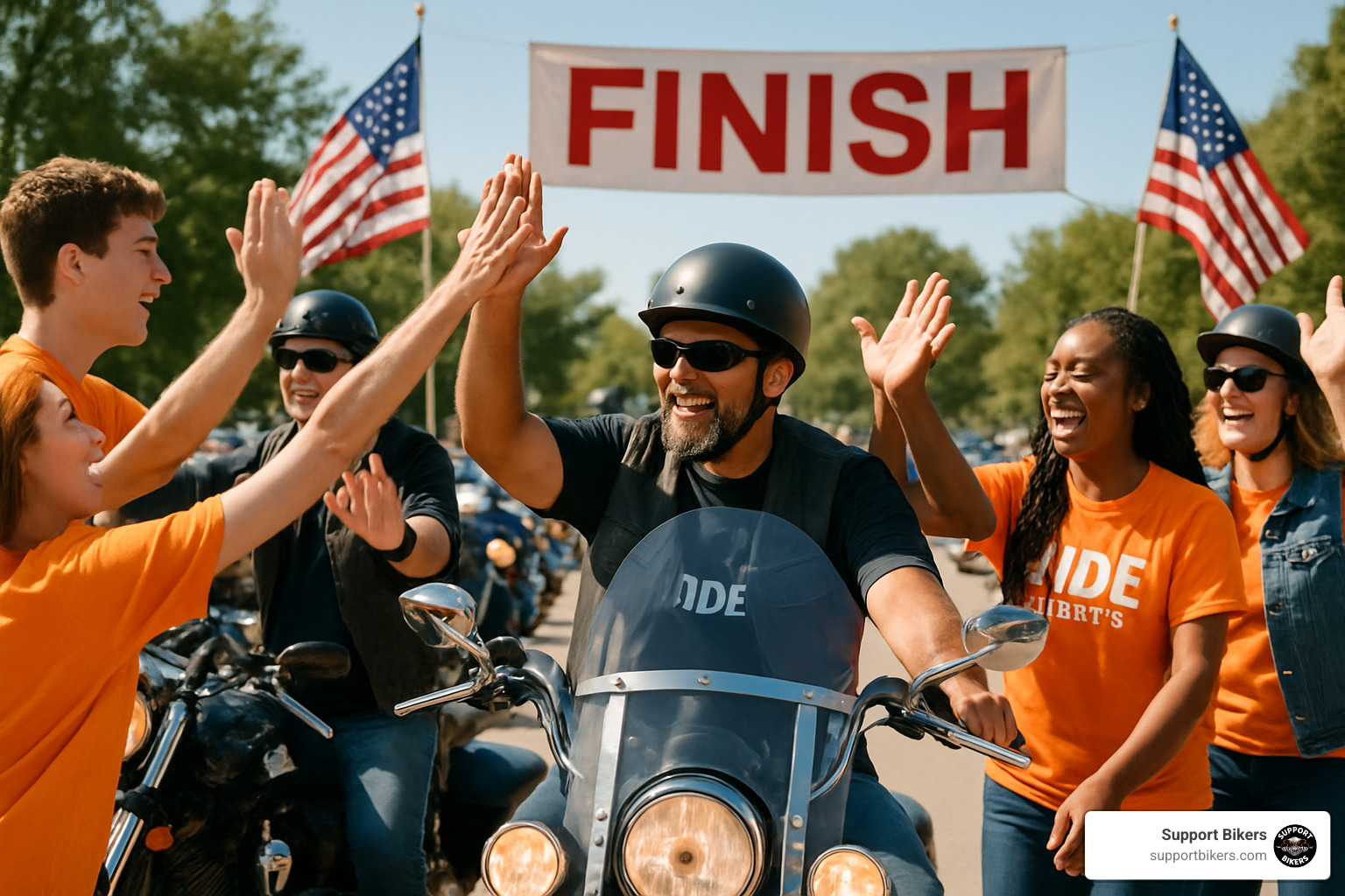 Post-ride celebration or finish-line festivities scene
