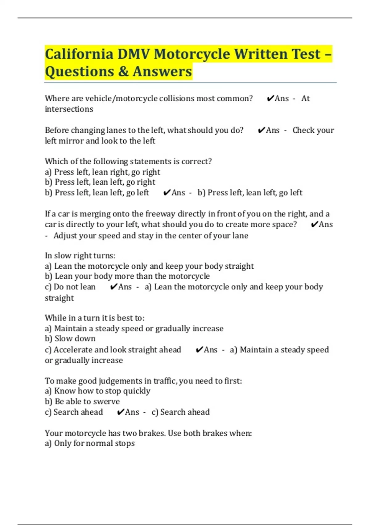 DMV Motorcycle Written Test: 50 Practice Questions with Answers