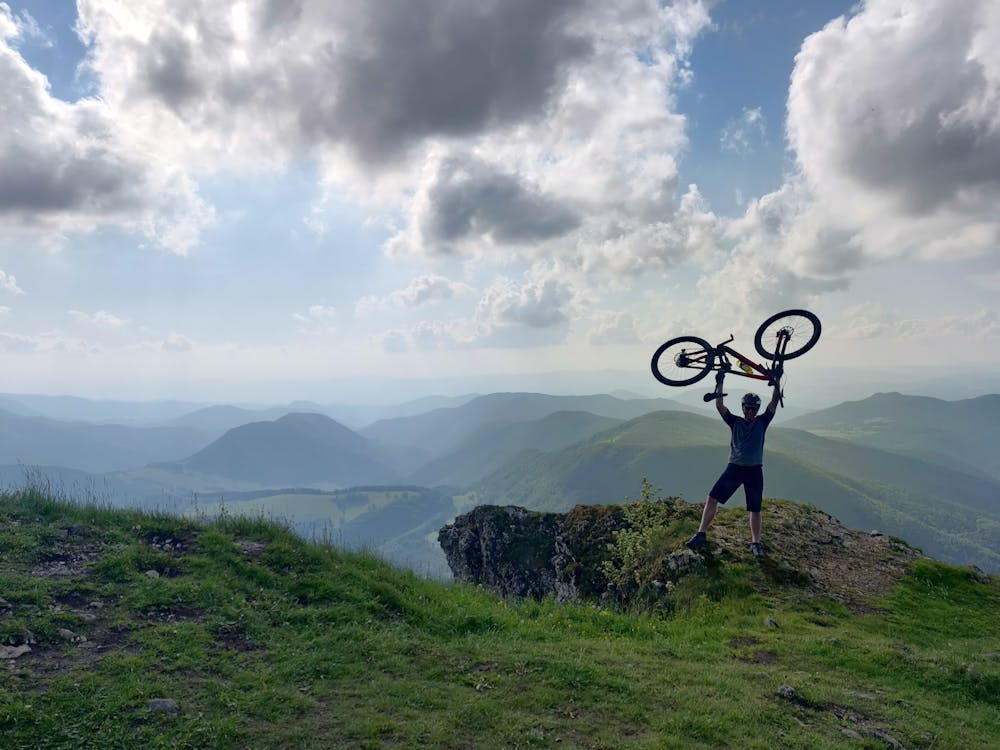 Closing group shot of all three bikes at a scenic stop