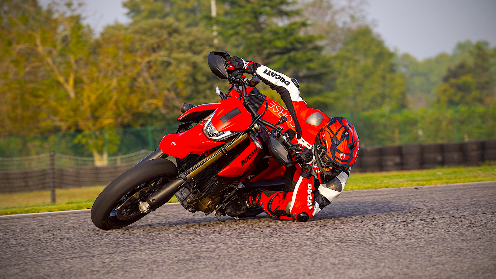 Action shot of Hypermotard being ridden aggressively in an urban environment