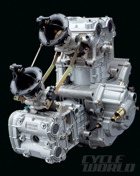 Close-up of the Ducati Testastretta L-twin engine for the specs section