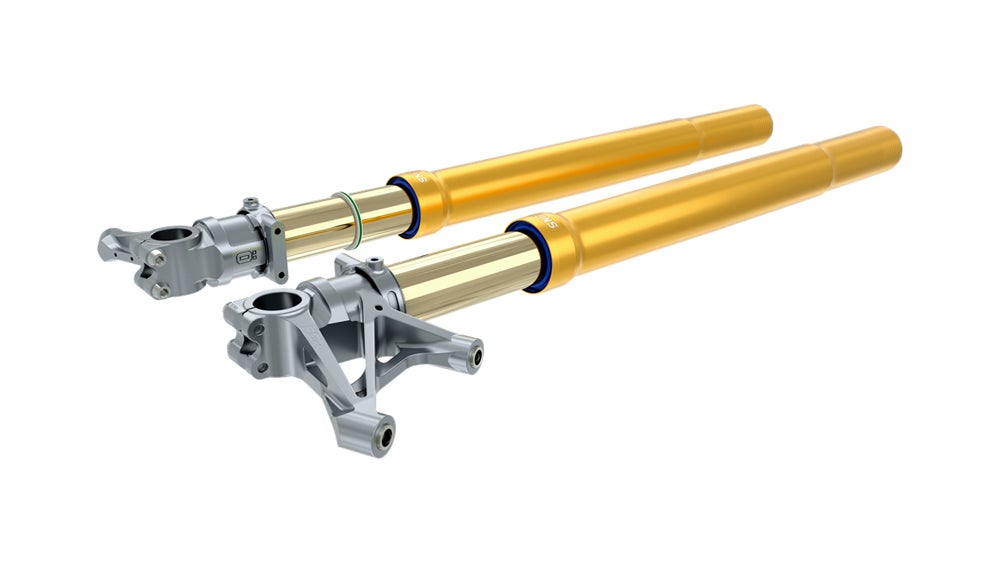 Detail shot of Öhlins front fork for chassis and suspension section