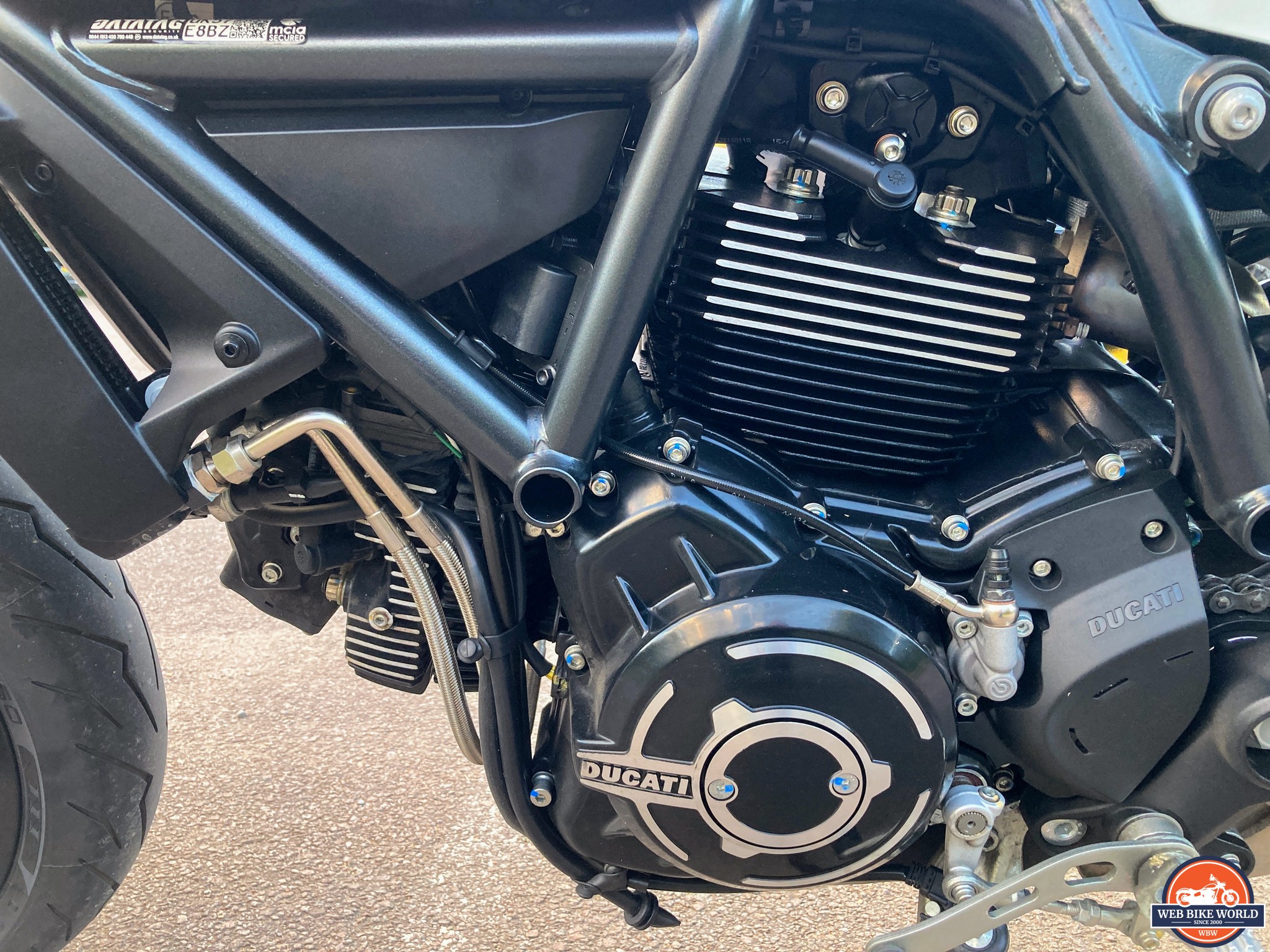 Close-up of the Ducati Scrambler 803cc L-twin engine for the engine section