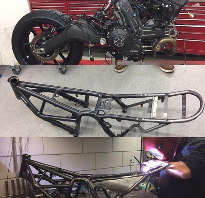 Detail shot of the tubular steel trellis frame on the Ducati Scrambler