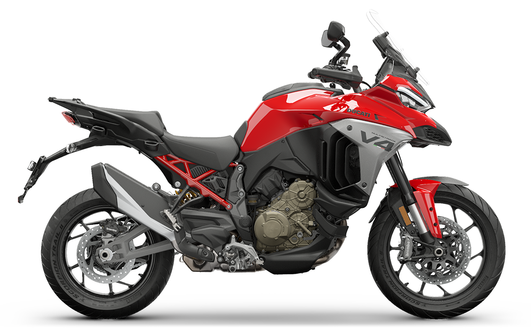 Multistrada V4 on a scenic road to represent the adventure platform side of the shared V6 story