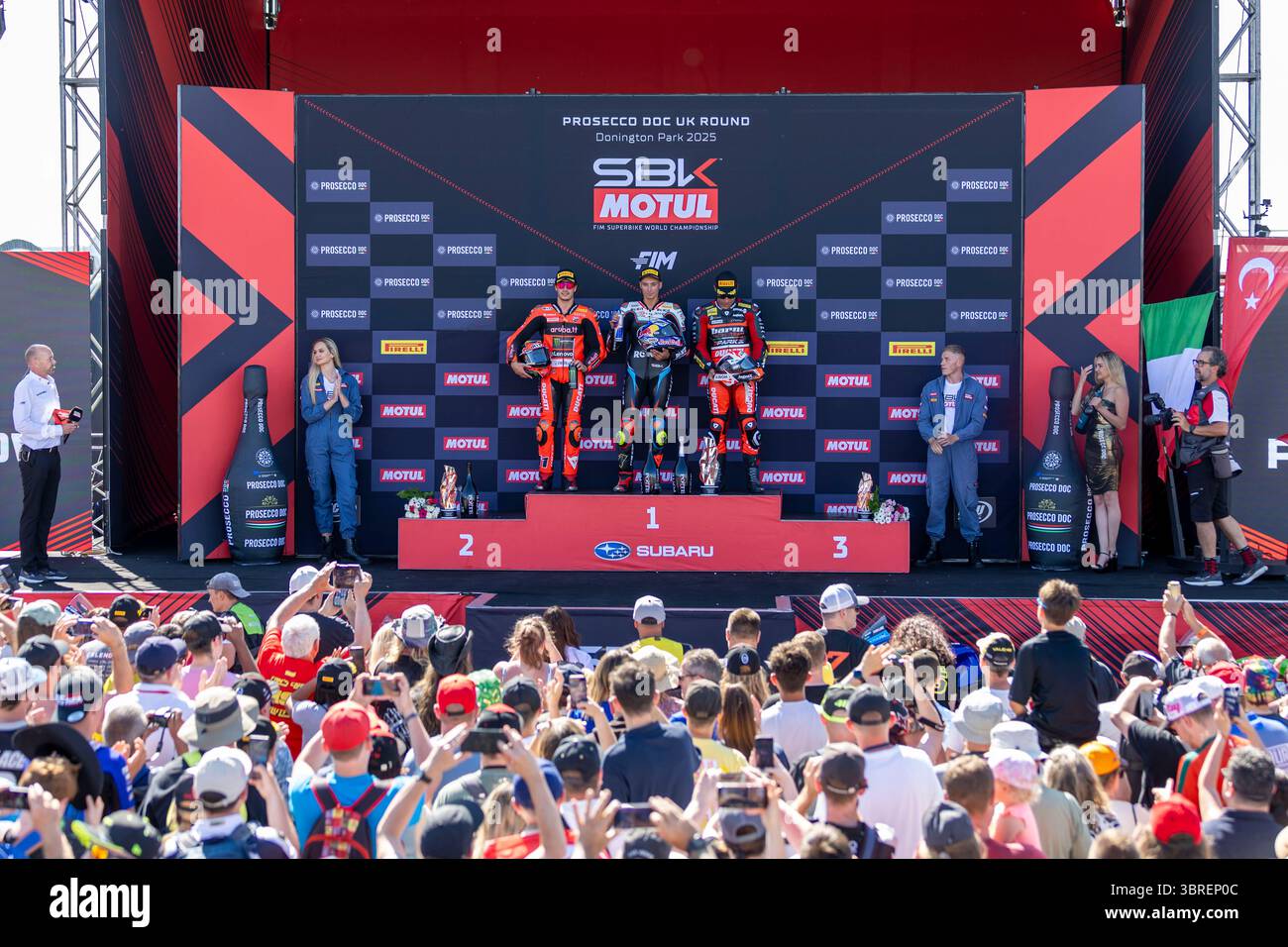 Superbike podium celebration at a WorldSBK event