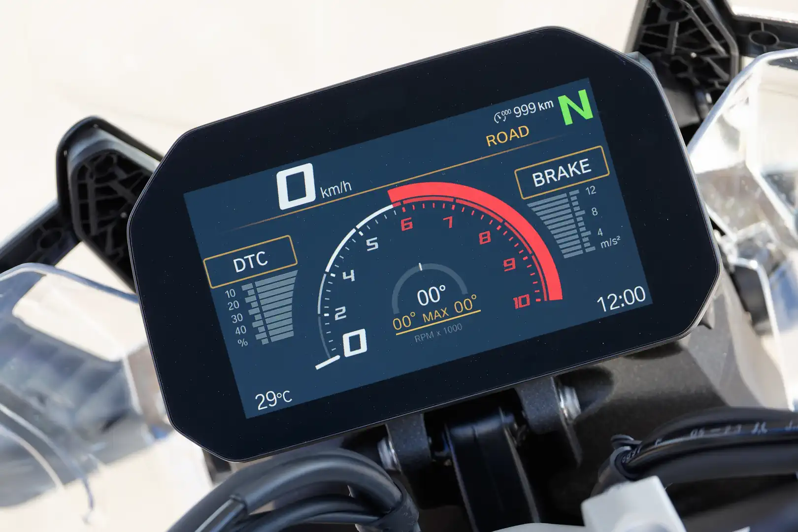 Close-up of the BMW GS Adventure instrument cluster and TFT display