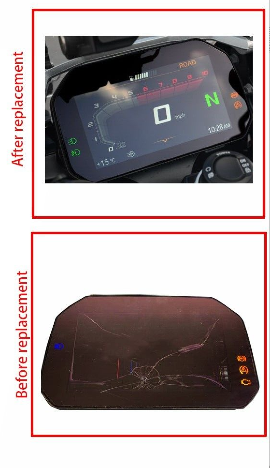 Closeup of the 6.5-inch TFT instrument cluster and controls