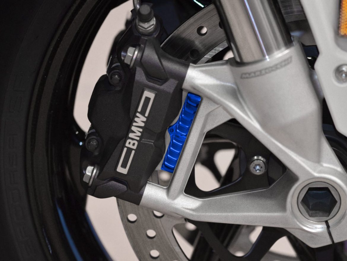 Detail shot of the Brembo Stylema caliper and front brake setup